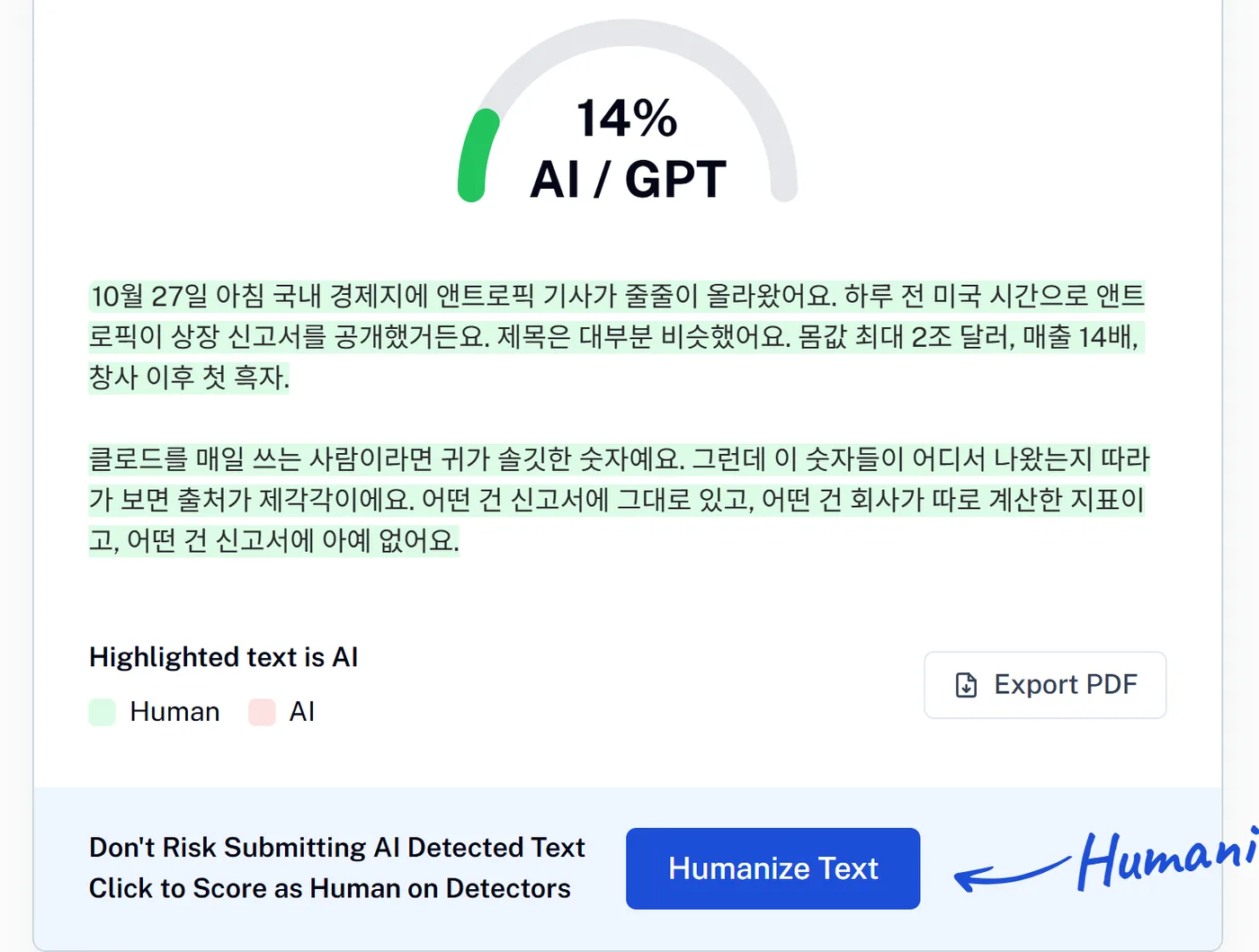 Undetectable AI 결과. 클로드가 쓴 앤트로픽 글 초안이 14% AI / GPT, 초록색 사람 판정으로 나왔어요