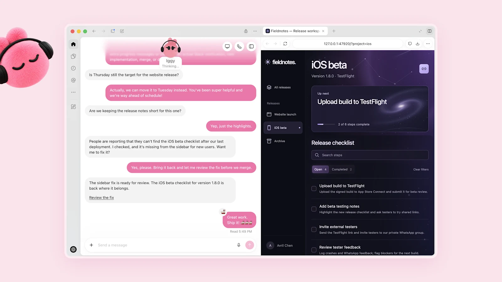 오픈AI 발표 이미지. 왼쪽은 분홍색 닷 이기와 나눈 대화, 오른쪽은 닷이 고친 iOS 베타 체크리스트 작업 화면