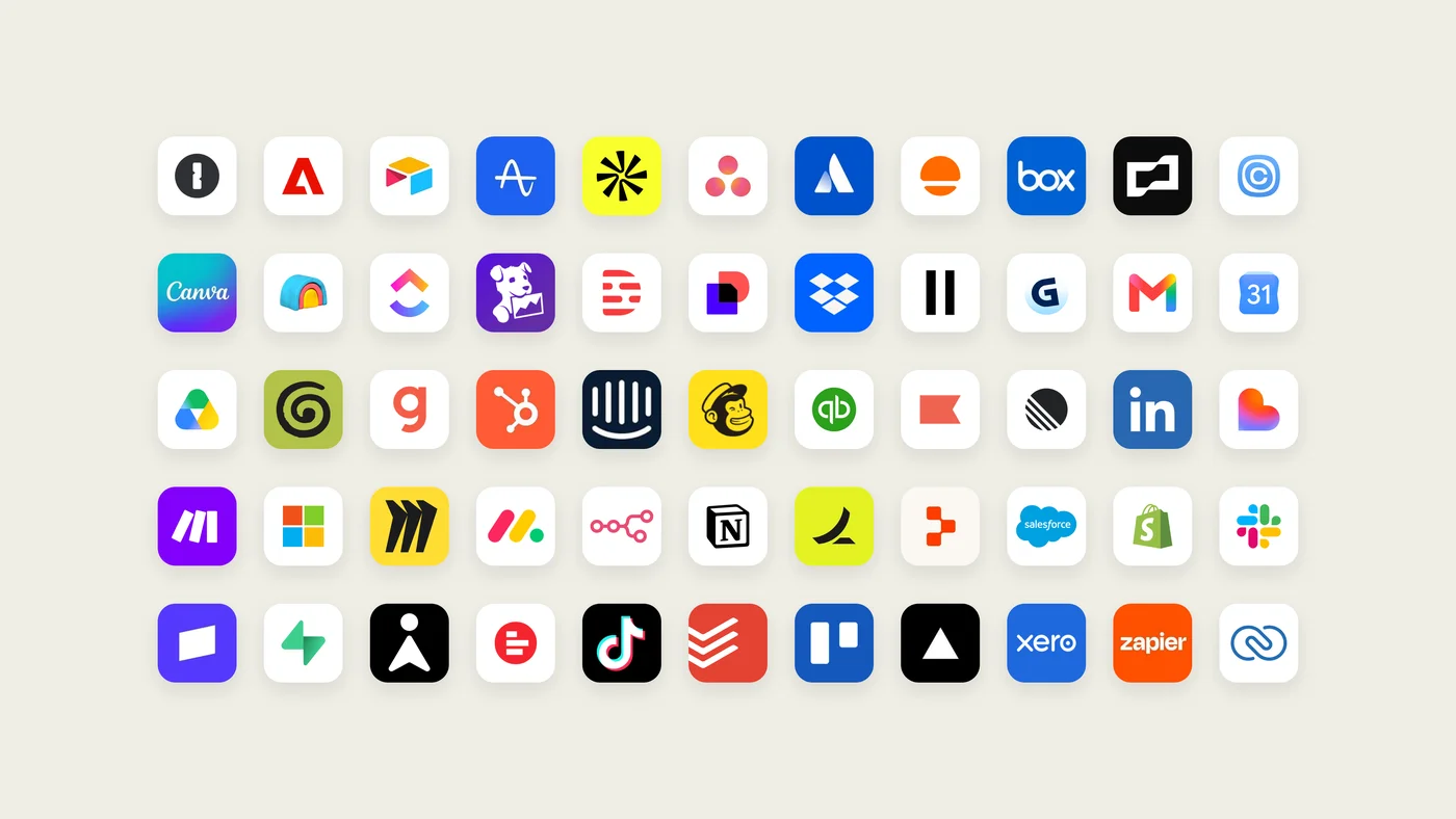 클로드 듀엣과 함께 쓸 수 있는 업무 앱 로고를 모아 놓은 그림