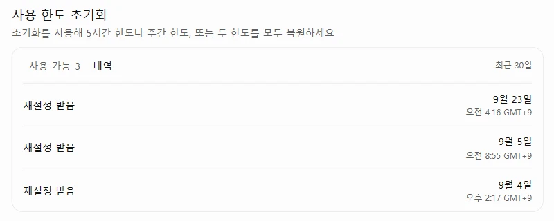 사용 한도 초기화 내역 탭. 재설정 받음 9월 23일 오전 4시 16분, 9월 5일 오전 8시 55분, 9월 4일 오후 2시 17분