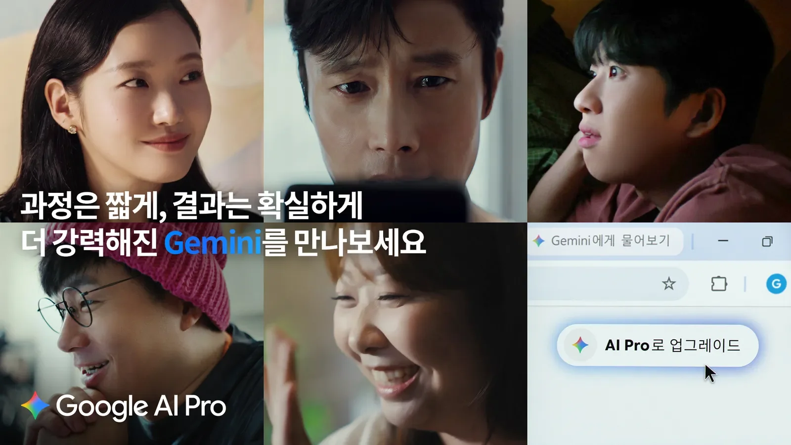 구글 AI 프로 캠페인 대표 이미지. 김고은, 이병헌 등 모델 다섯 명의 얼굴과 '과정은 짧게, 결과는 확실하게 더 강력해진 Gemini를 만나보세요' 문구, AI Pro로 업그레이드 버튼