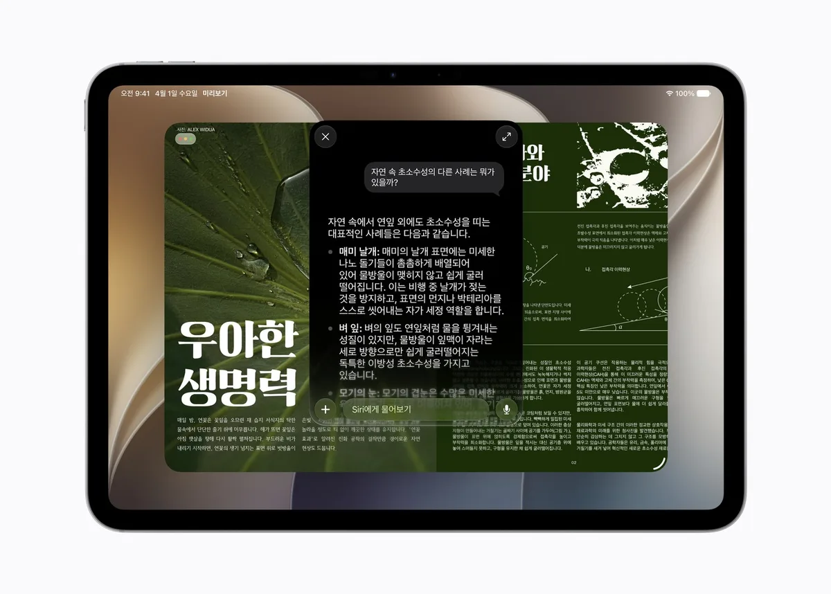 아이패드에서 잡지 화면을 띄워 둔 채 시리 AI에게 자연 속 초소수성 사례를 묻고 한국어 답을 받은 화면