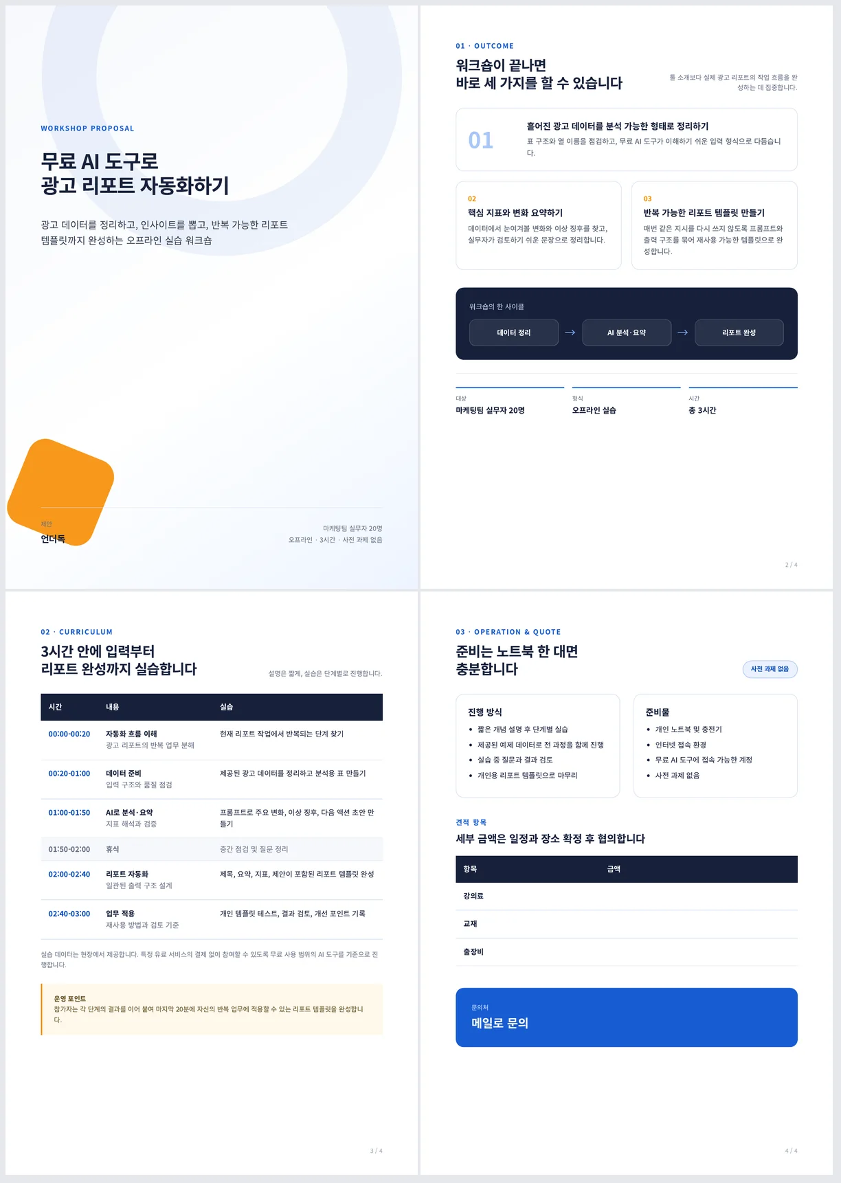 뮤즈가 만든 워크숍 제안서 4쪽을 2x2로 배열. 1쪽 표지 WORKSHOP PROPOSAL, 무료 AI 도구로 광고 리포트 자동화하기, 제안 언더독, 마케팅팀 실무자 20명 오프라인 3시간 사전 과제 없음. 2쪽 OUTCOME, 워크숍이 끝나면 바로 세 가지를 할 수 있습니다, 카드 세 개와 데이터 정리·AI 분석·리포트 완성 흐름. 3쪽 CURRICULUM, 3시간 안에 입력부터 리포트 완성까지, 시간·내용·실습 6행 표. 4쪽 OPERATION & QUOTE, 진행 방식과 준비물, 견적 항목 강의료·교재·출장비 금액 빈칸, 문의처 메일로 문의
