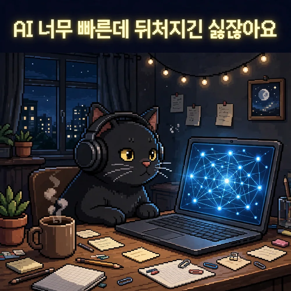 뮤즈가 만든 픽셀 아트 홍보 이미지. 상단에 노란 픽셀 글씨로 AI 너무 빠른데 뒤처지긴 싫잖아요. 밤 창문 앞 책상에서 헤드폰을 쓴 검은 고양이가 파란 네트워크 그래프가 빛나는 노트북을 보고 있고, 전구 줄, 머그잔, 메모지, 화분이 놓여 있음