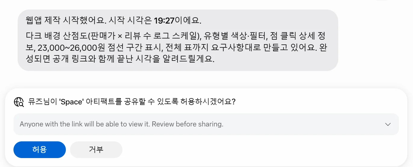 뮤즈 채팅 안의 승인 카드. 뮤즈님이 'Space' 아티팩트를 공유할 수 있도록 허용하시겠어요? Anyone with the link will be able to view it. Review before sharing. 허용, 거부 버튼. 위 말풍선에는 웹앱 제작 시작, 시작 시각 19:27이라고 적혀 있다