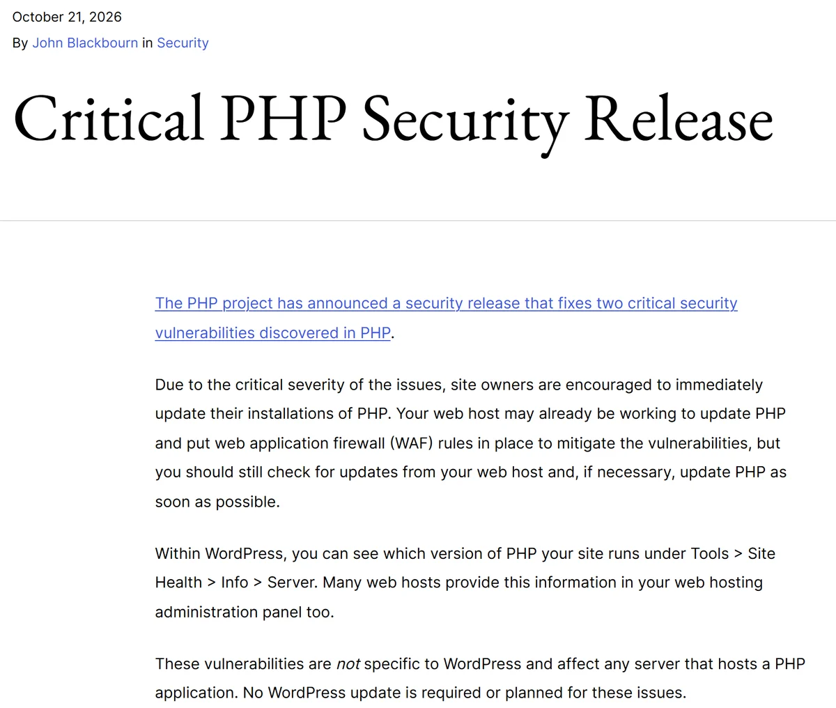 워드프레스 공식 뉴스 Critical PHP Security Release 화면. 사이트 운영자에게 PHP를 바로 업데이트하라고 권하는 글. PHP 버전은 도구, 사이트 건강, 정보, 서버 순서로 메뉴에 들어가면 볼 수 있고 워드프레스는 업데이트하지 않아도 된다는 내용