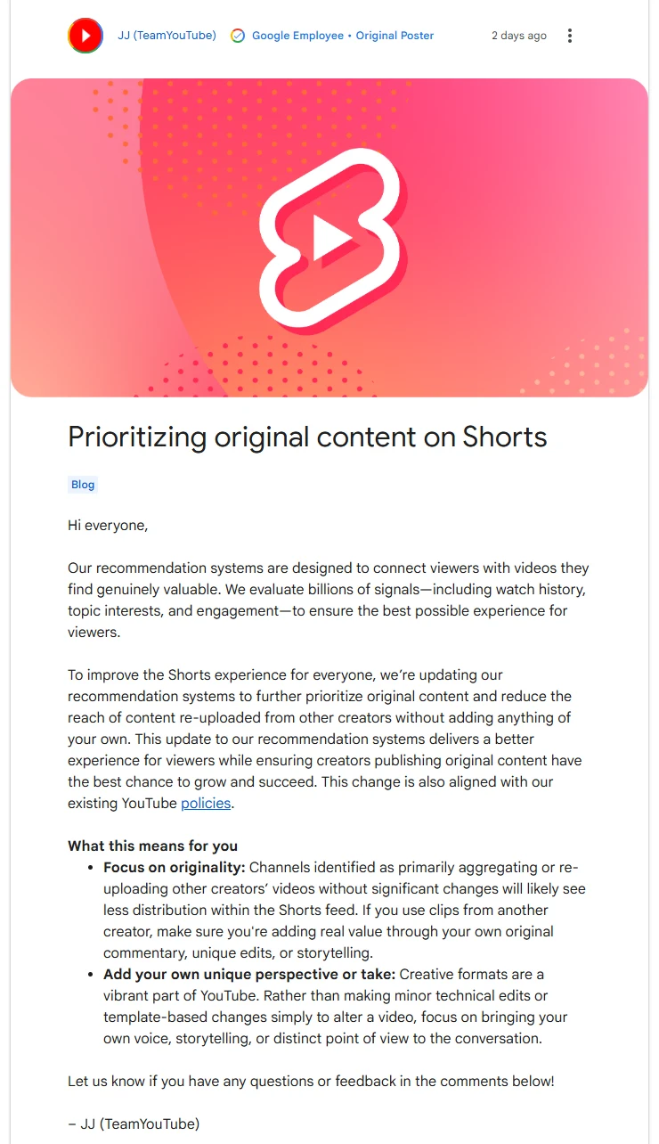 유튜브 고객센터 커뮤니티의 TeamYouTube 공지 화면. 쇼츠 로고 배너 아래 Prioritizing original content on Shorts 제목과 What this means for you 항목 두 개